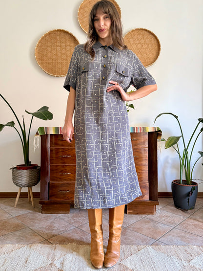 1970's vintage grey and beige abstract print maxi dress