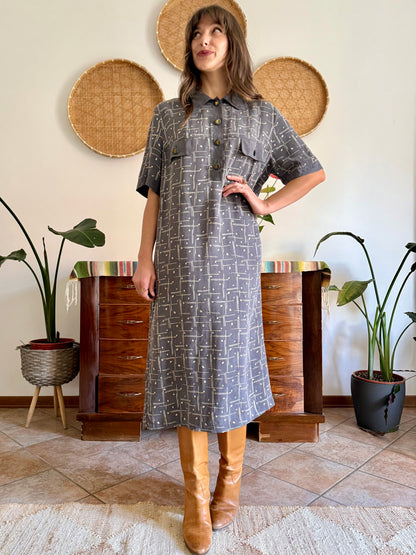 1970's vintage grey and beige abstract print maxi dress