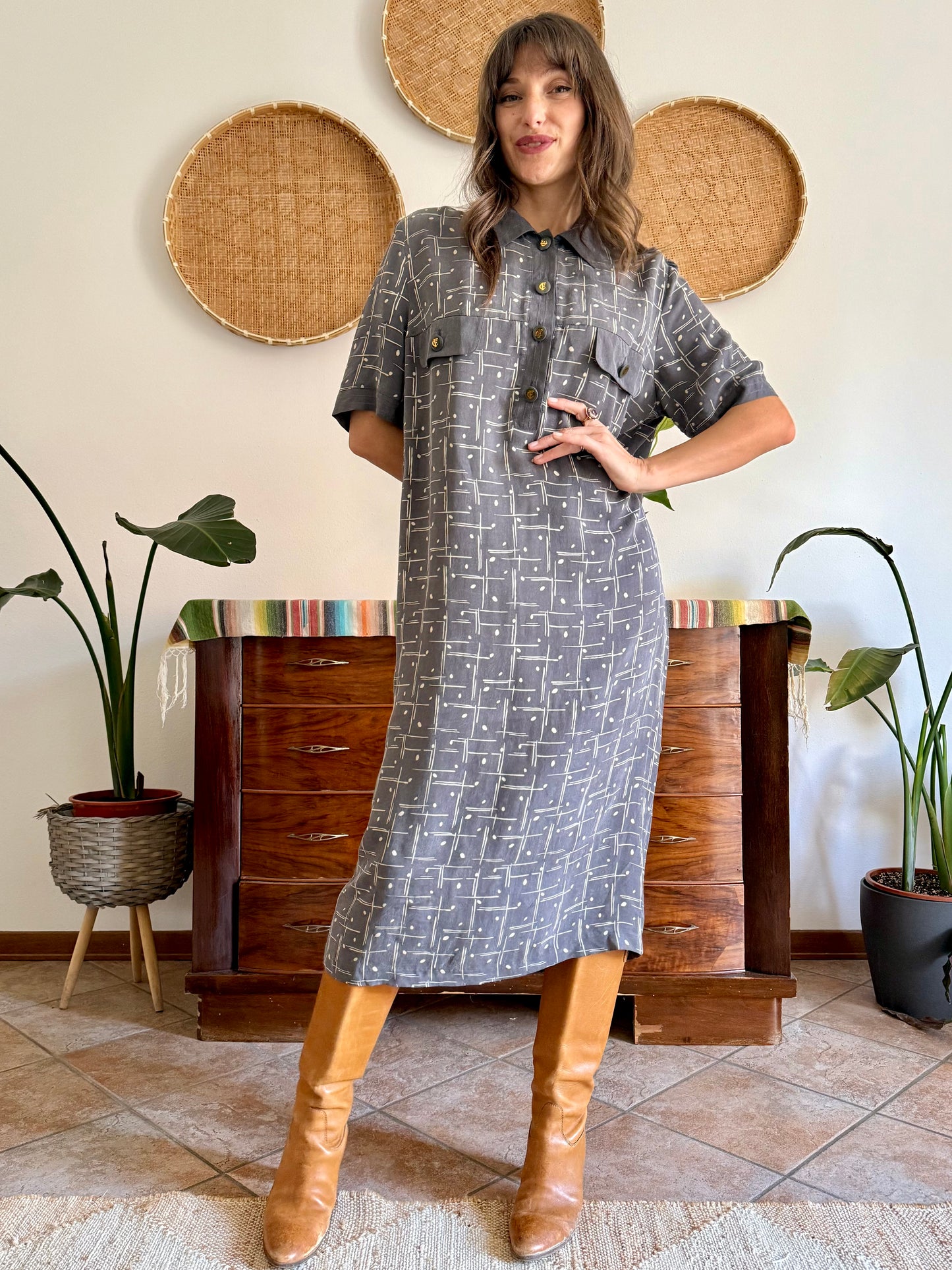 1970's vintage grey and beige abstract print maxi dress