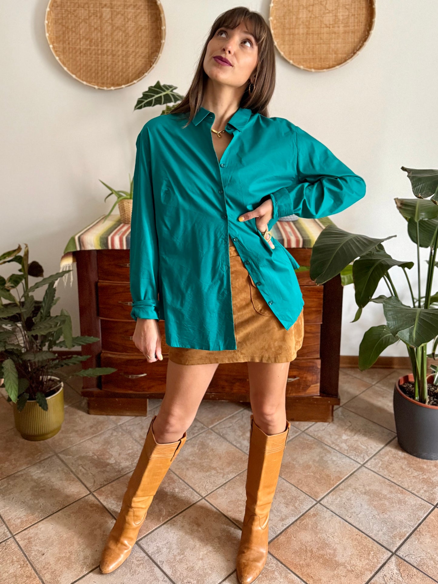 1990's vintage turquoise shirt with iridescent turquoise buttons