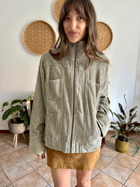 Y2k vintage khaki corduroy zip up jacket with knit collar