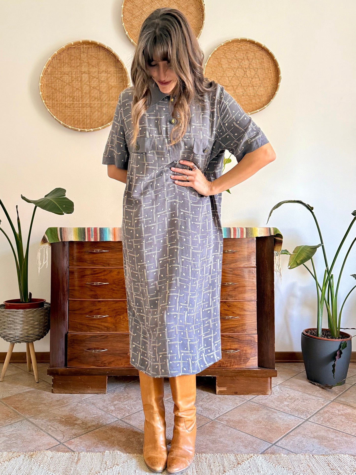 1970's vintage grey and beige abstract print maxi dress