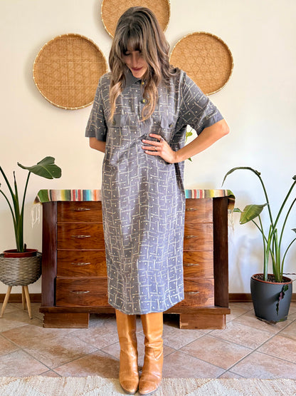 1970's vintage grey and beige abstract print maxi dress