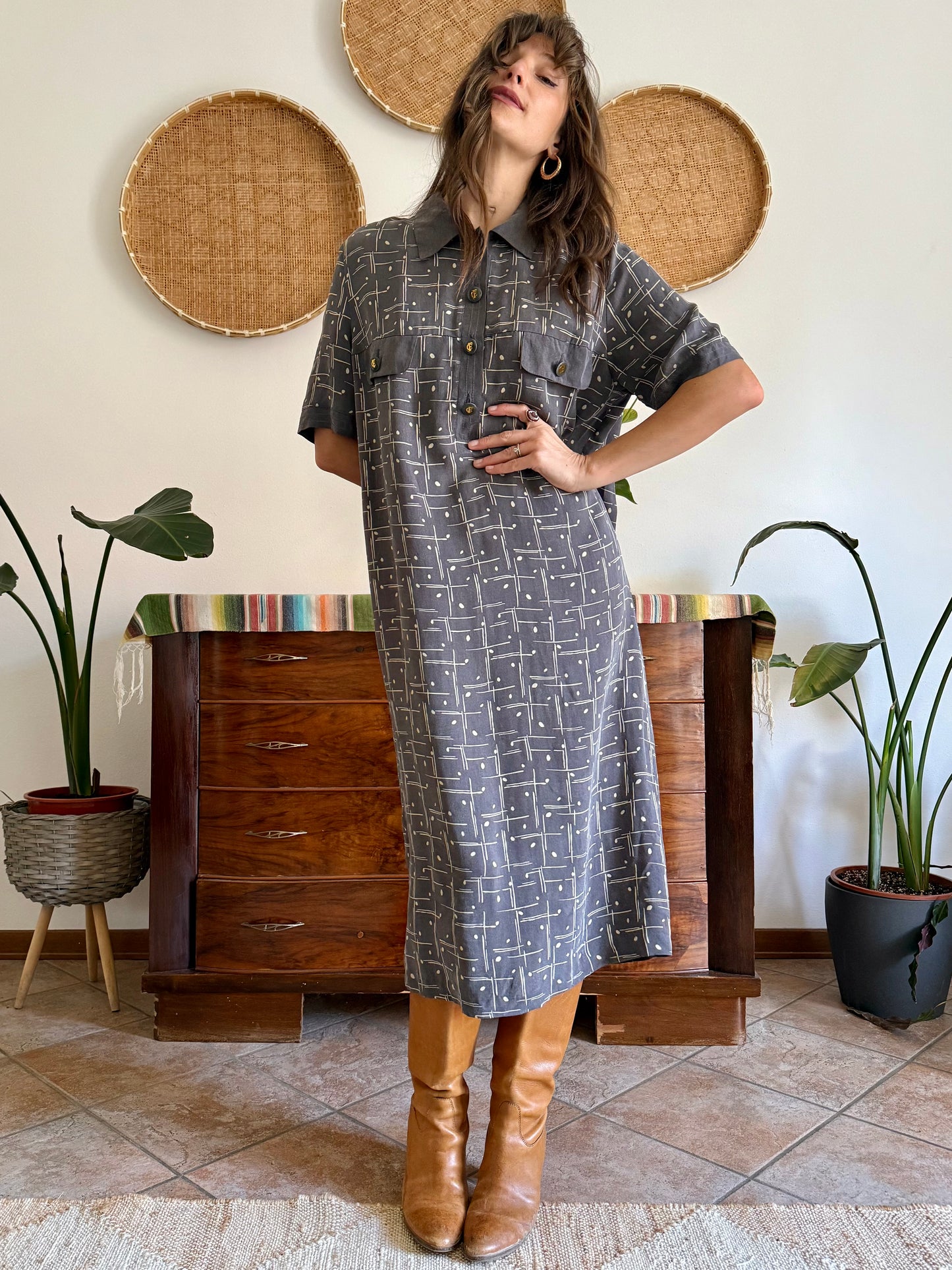 1970's vintage grey and beige abstract print maxi dress