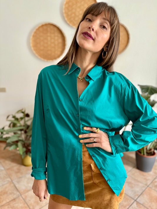 1990's vintage turquoise shirt with iridescent turquoise buttons