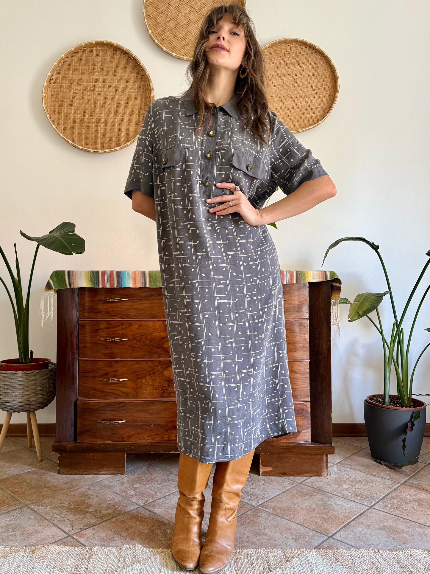 1970's vintage grey and beige abstract print maxi dress