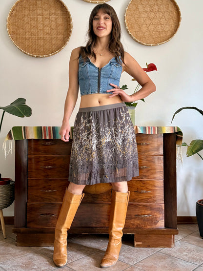 Y2k vintage grey low waisted midi skirt with mustard and light grey floral print