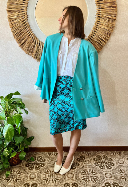 1980's vintage oversize turquoise wool blazer with black button detail