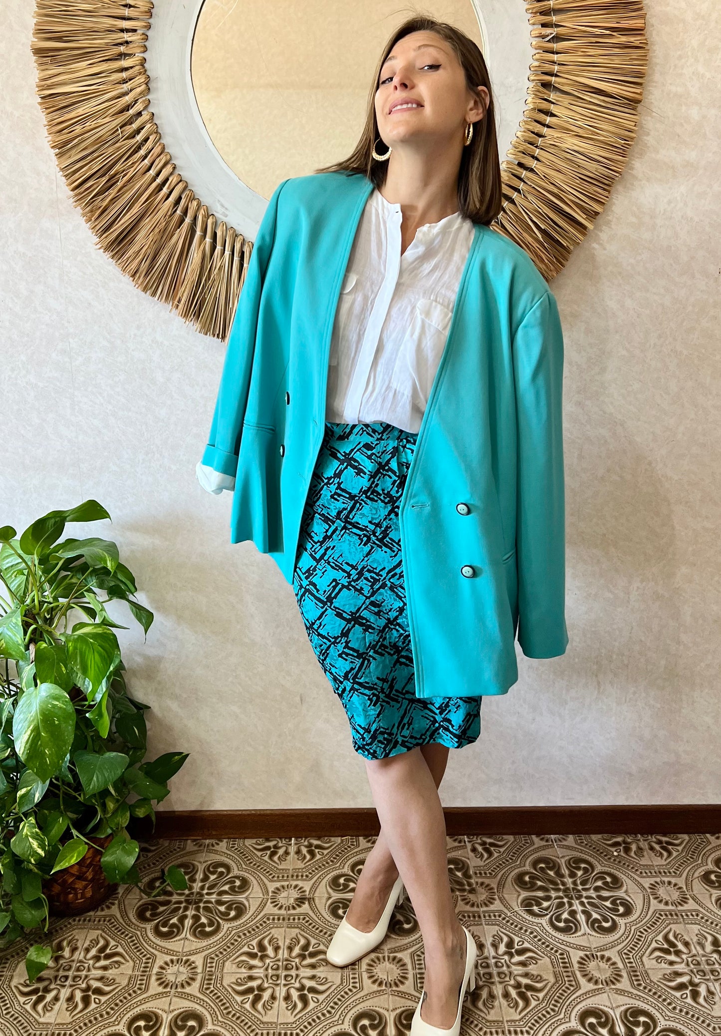 1980's vintage oversize turquoise wool blazer with black button detail