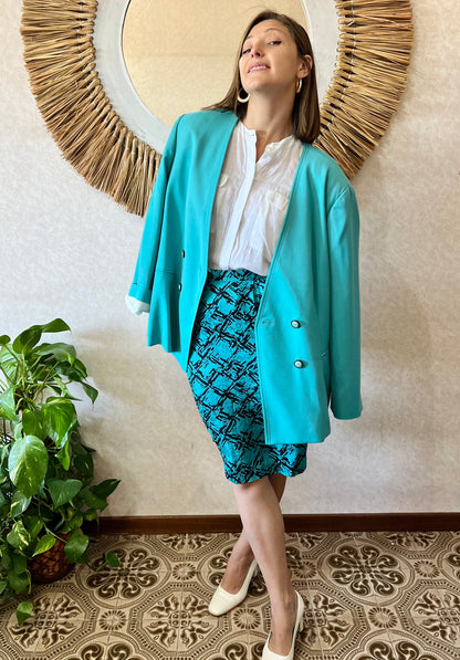 1980's vintage oversize turquoise wool blazer with black button detail