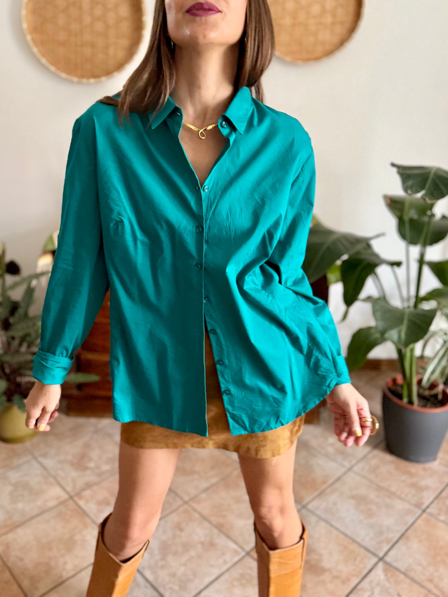 1990's vintage turquoise shirt with iridescent turquoise buttons