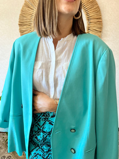 1980's vintage oversize turquoise wool blazer with black button detail