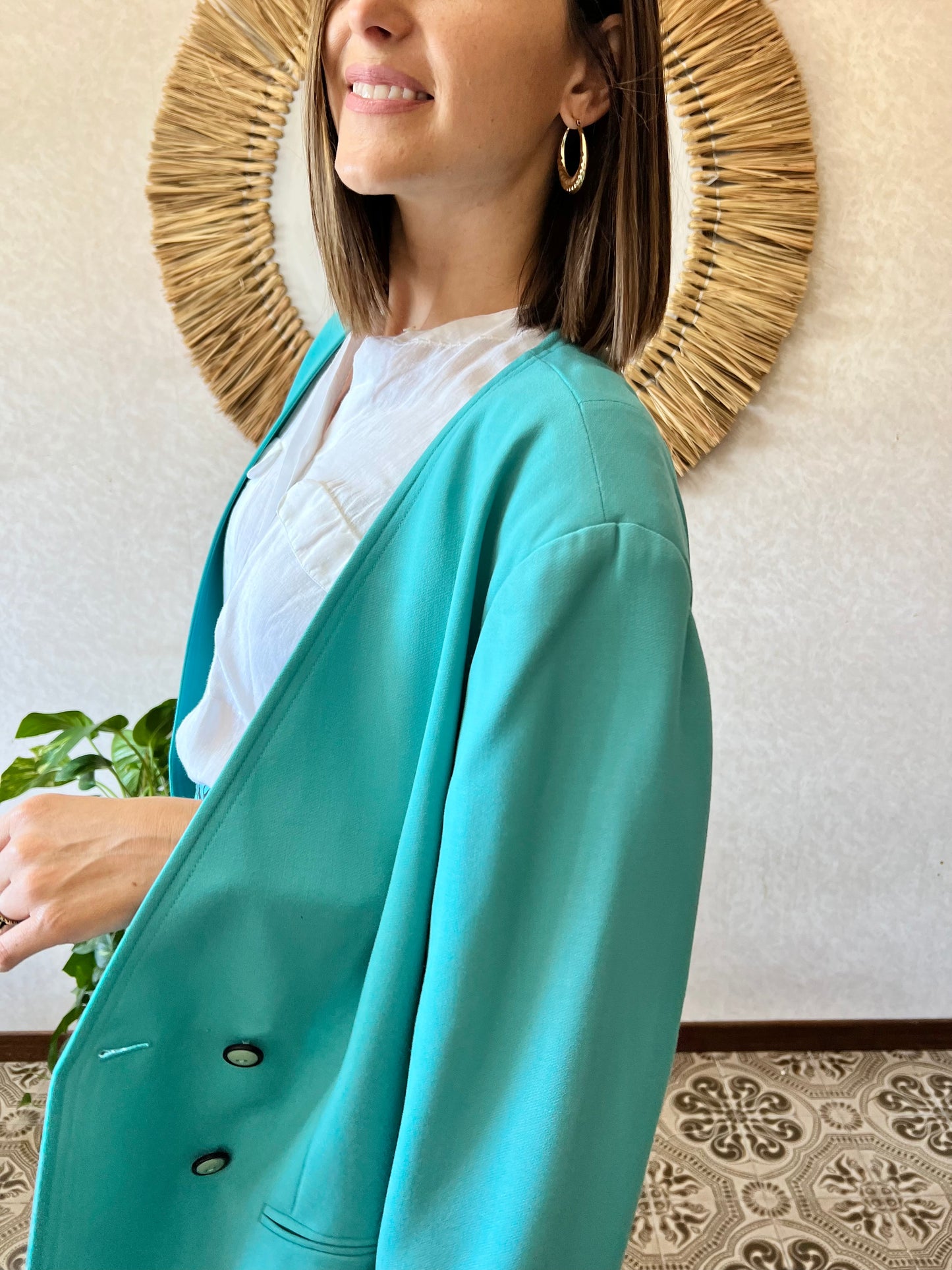 1980's vintage oversize turquoise wool blazer with black button detail