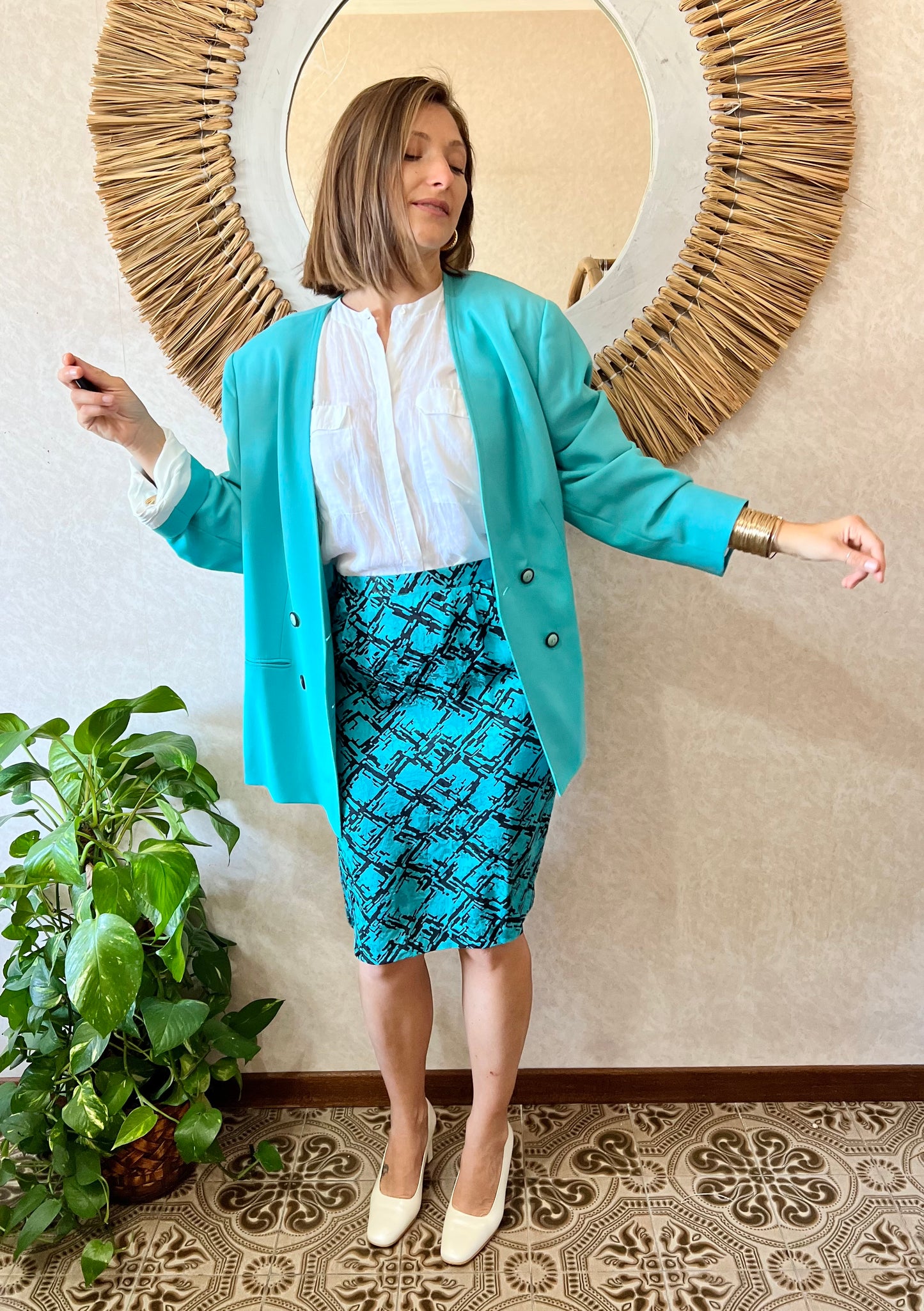 1980's vintage oversize turquoise wool blazer with black button detail