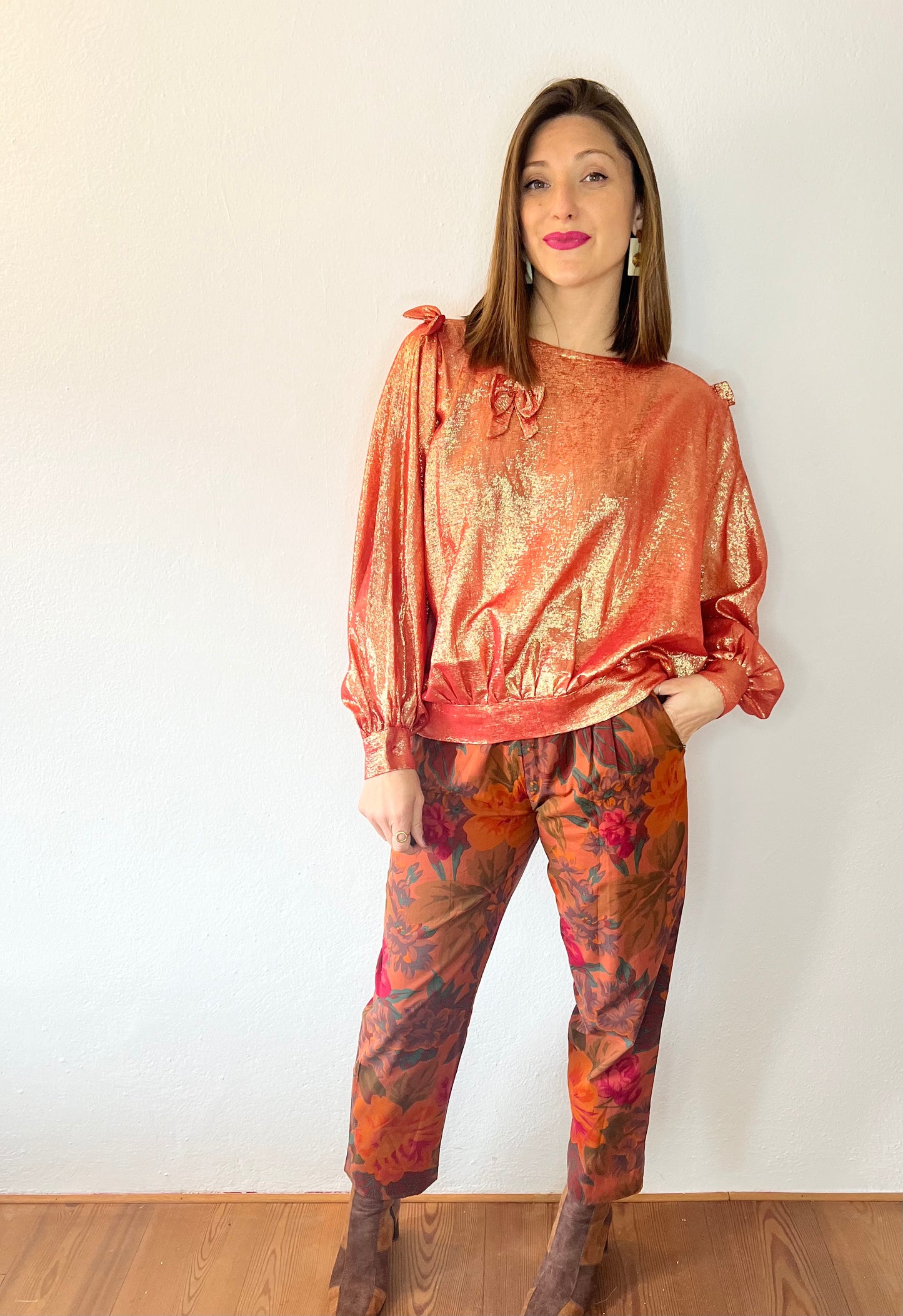 1970's vintage coral and cold metallic blouse with bow details