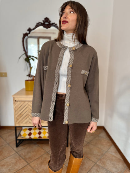 1980's vintage khaki wool cardigan with cream geometric knit pattern and square brass buttons