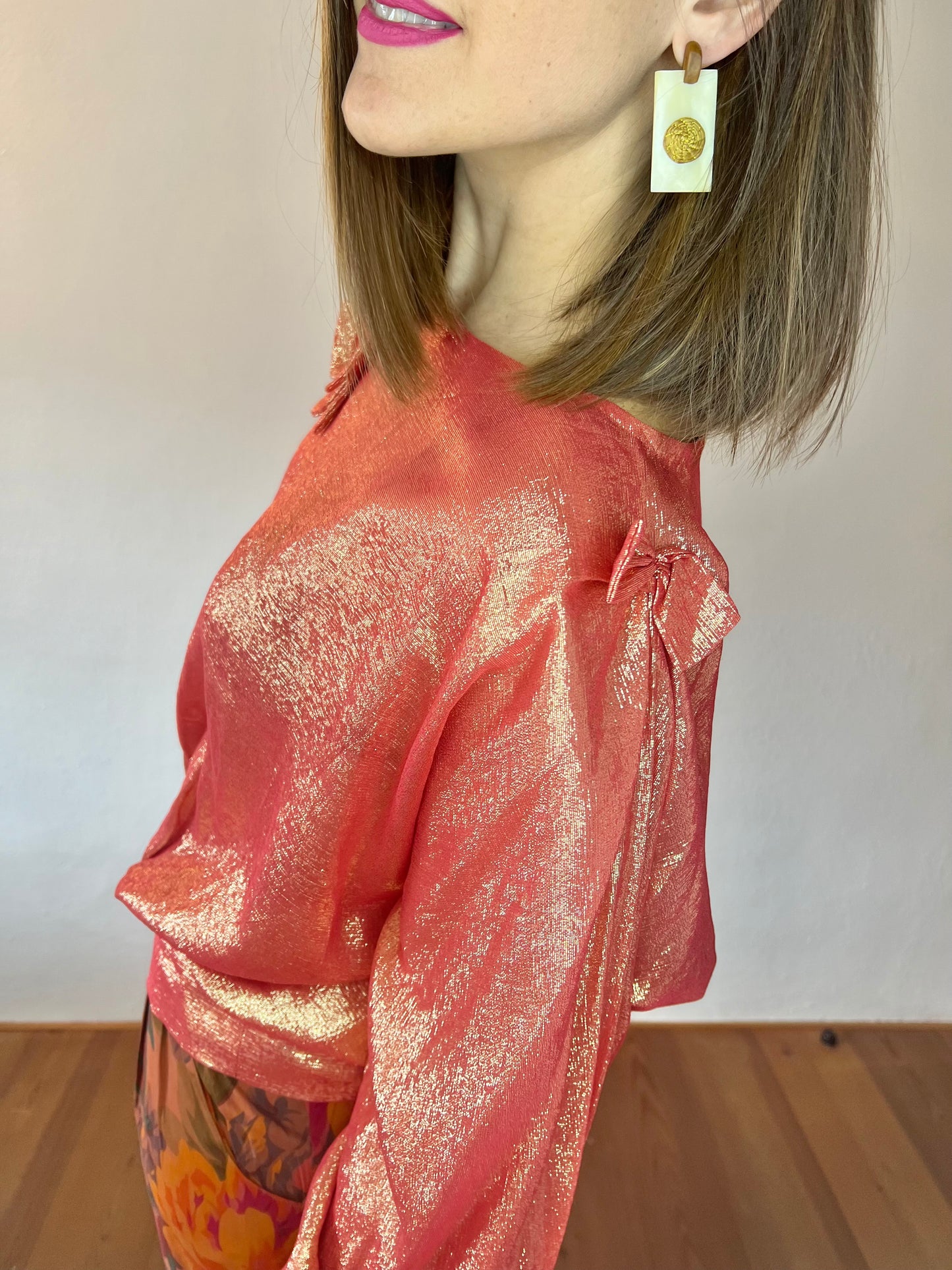 1970's vintage coral and cold metallic blouse with bow details