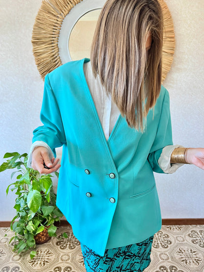 1980's vintage oversize turquoise wool blazer with black button detail