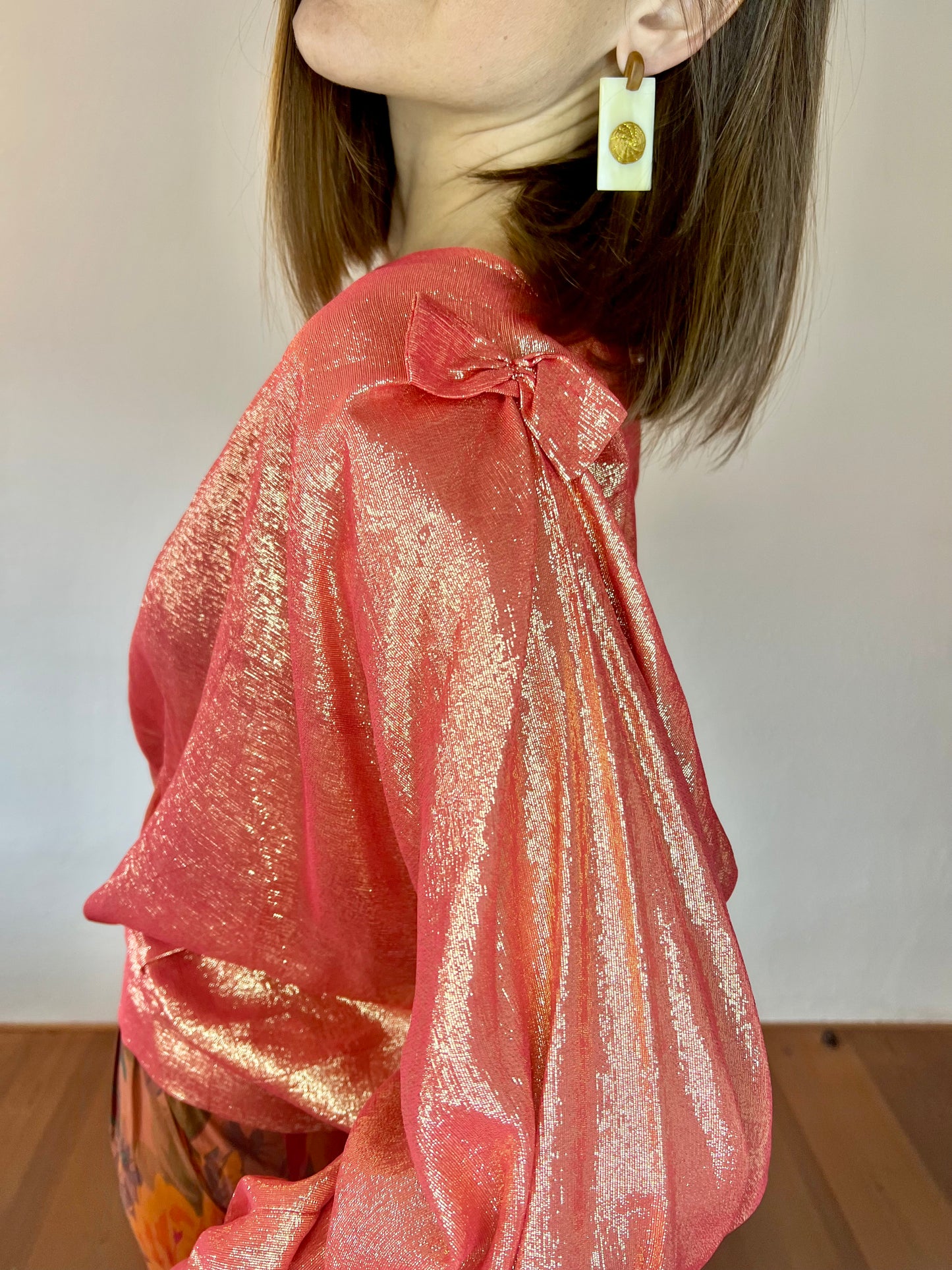 1970's vintage coral and cold metallic blouse with bow details