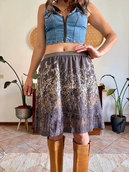Y2k vintage grey low waisted midi skirt with mustard and light grey floral print