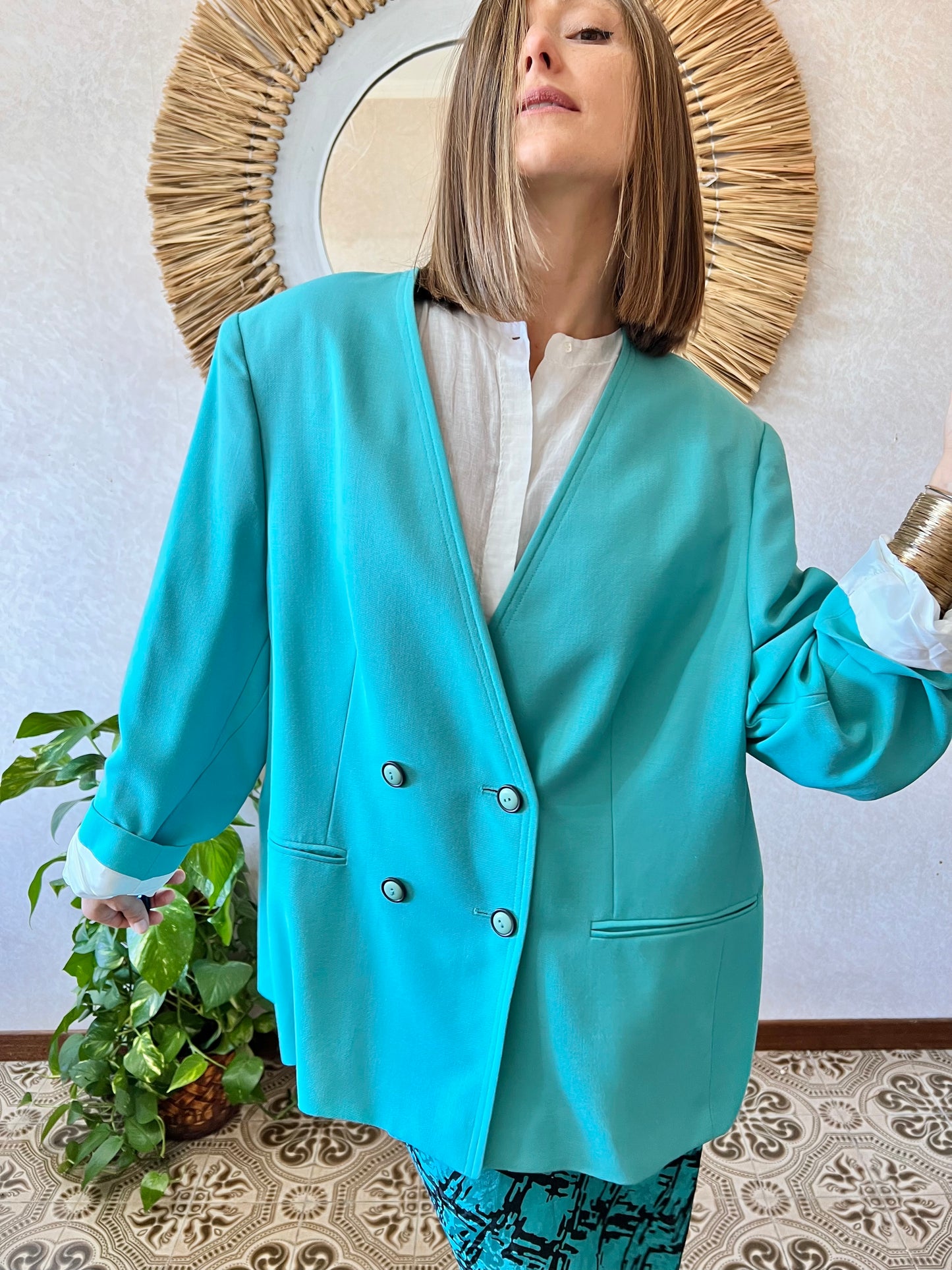 1980's vintage oversize turquoise wool blazer with black button detail