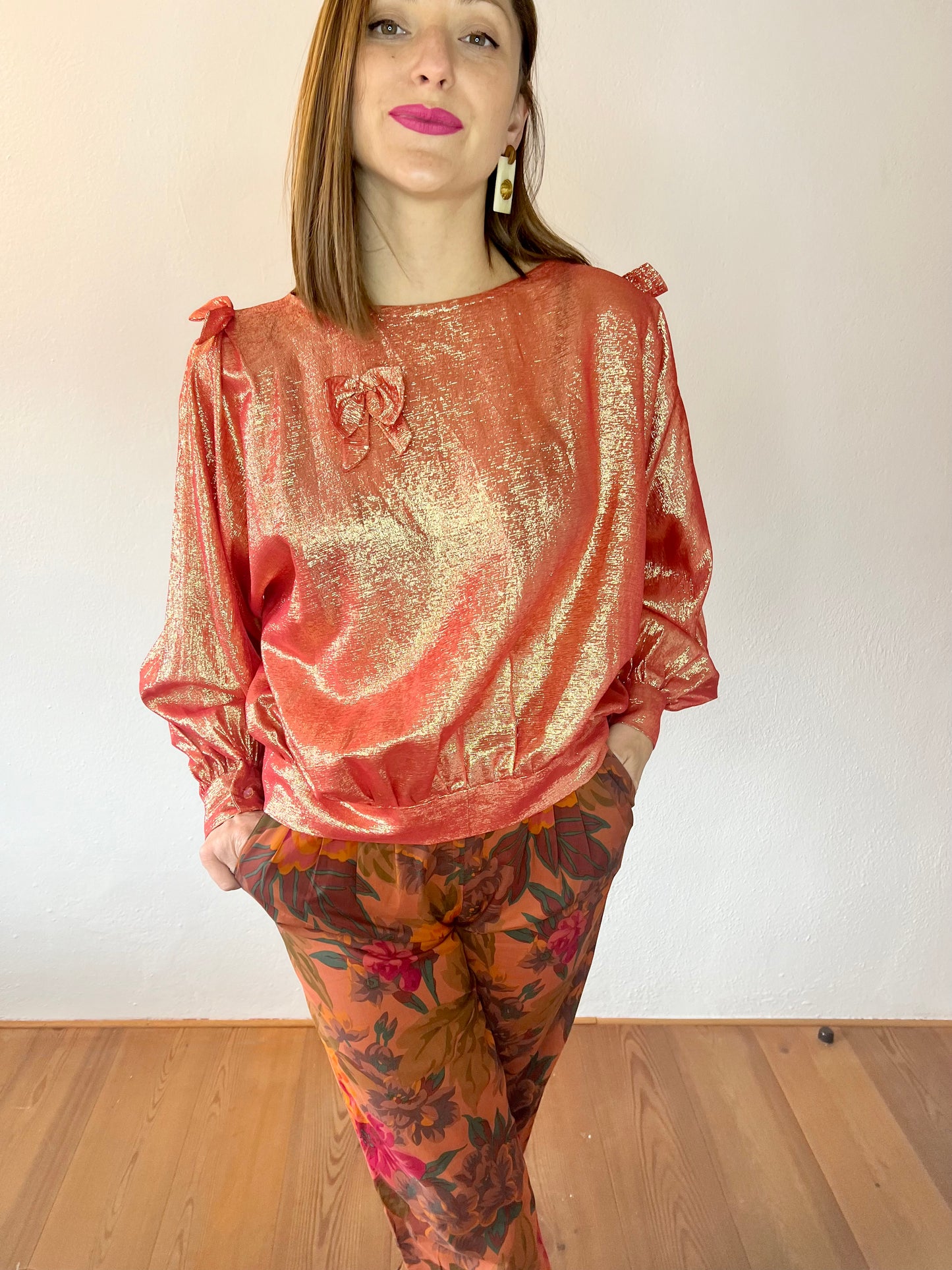 1970's vintage coral and cold metallic blouse with bow details