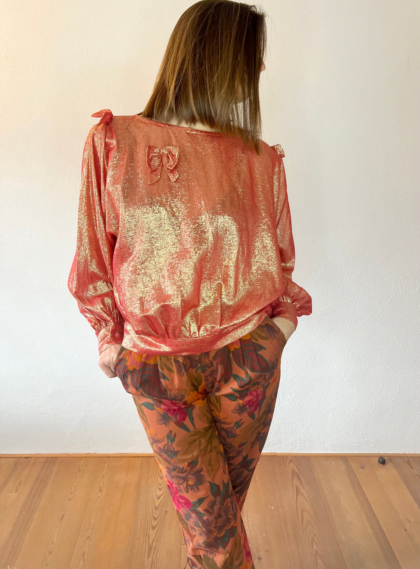 1970's vintage coral and cold metallic blouse with bow details