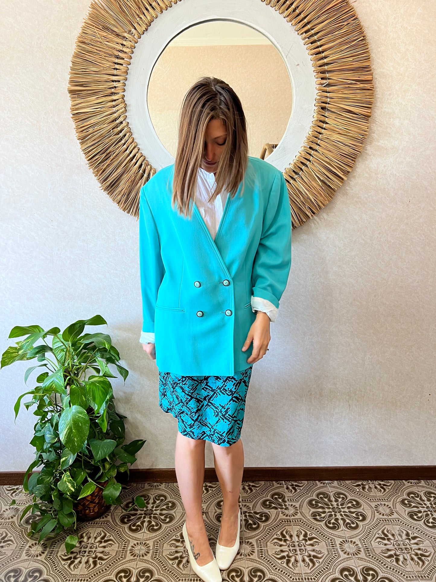 1980's vintage oversize turquoise wool blazer with black button detail