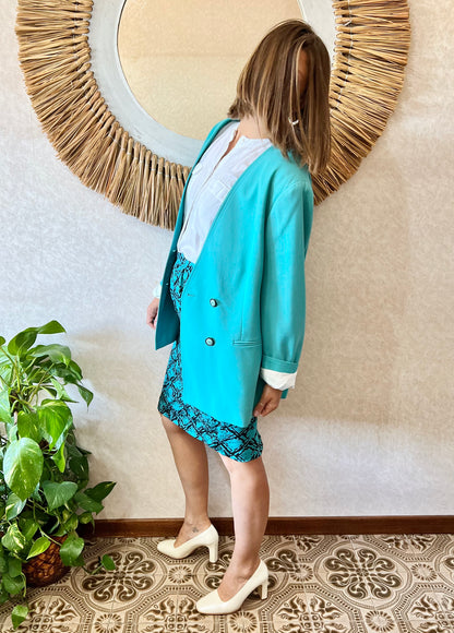 1980's vintage oversize turquoise wool blazer with black button detail