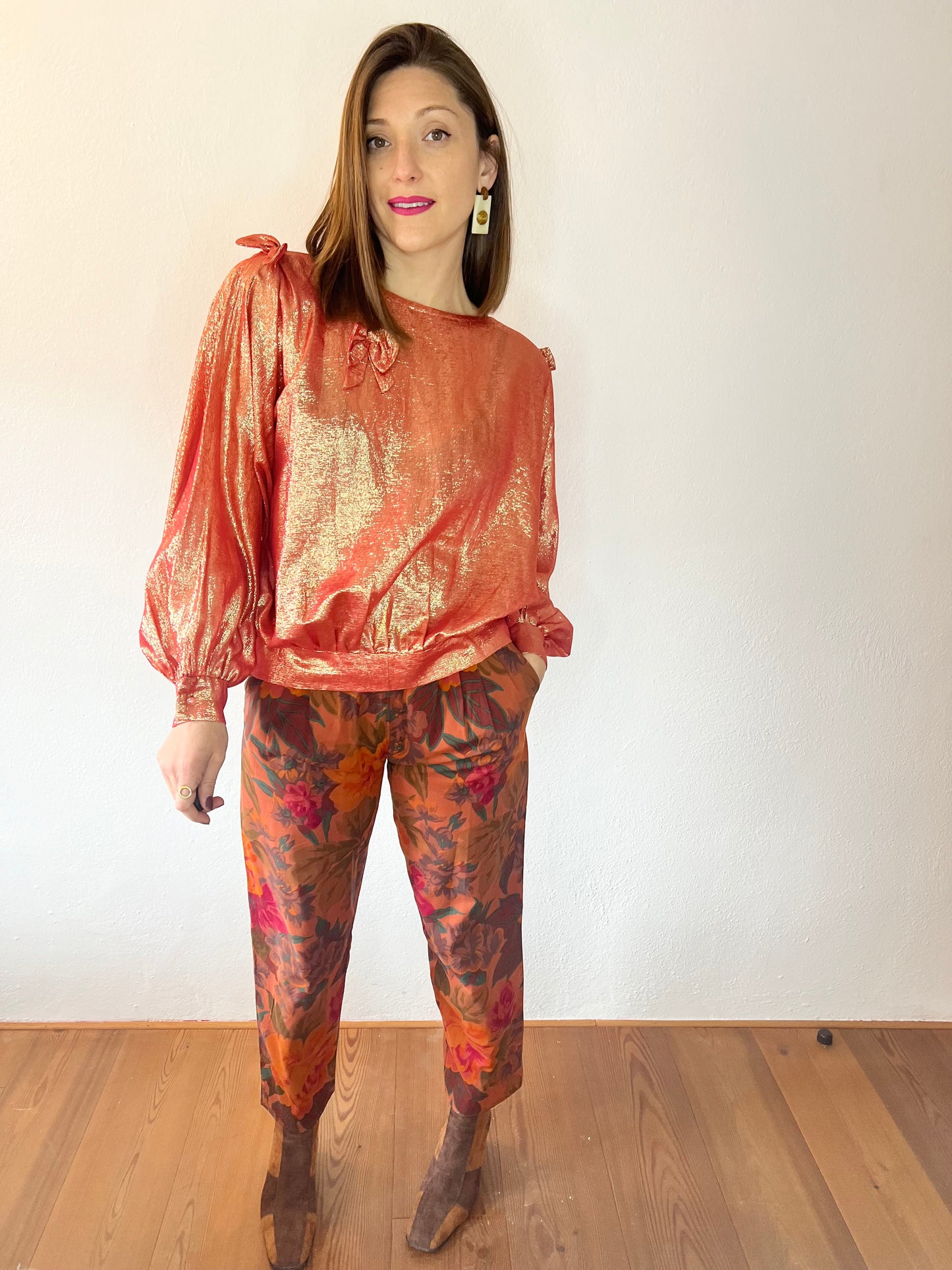 1970's vintage coral and cold metallic blouse with bow details