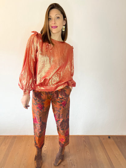 1970's vintage coral and cold metallic blouse with bow details