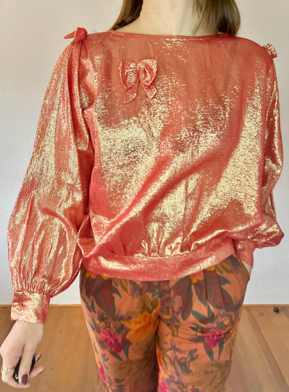 1970's vintage coral and cold metallic blouse with bow details