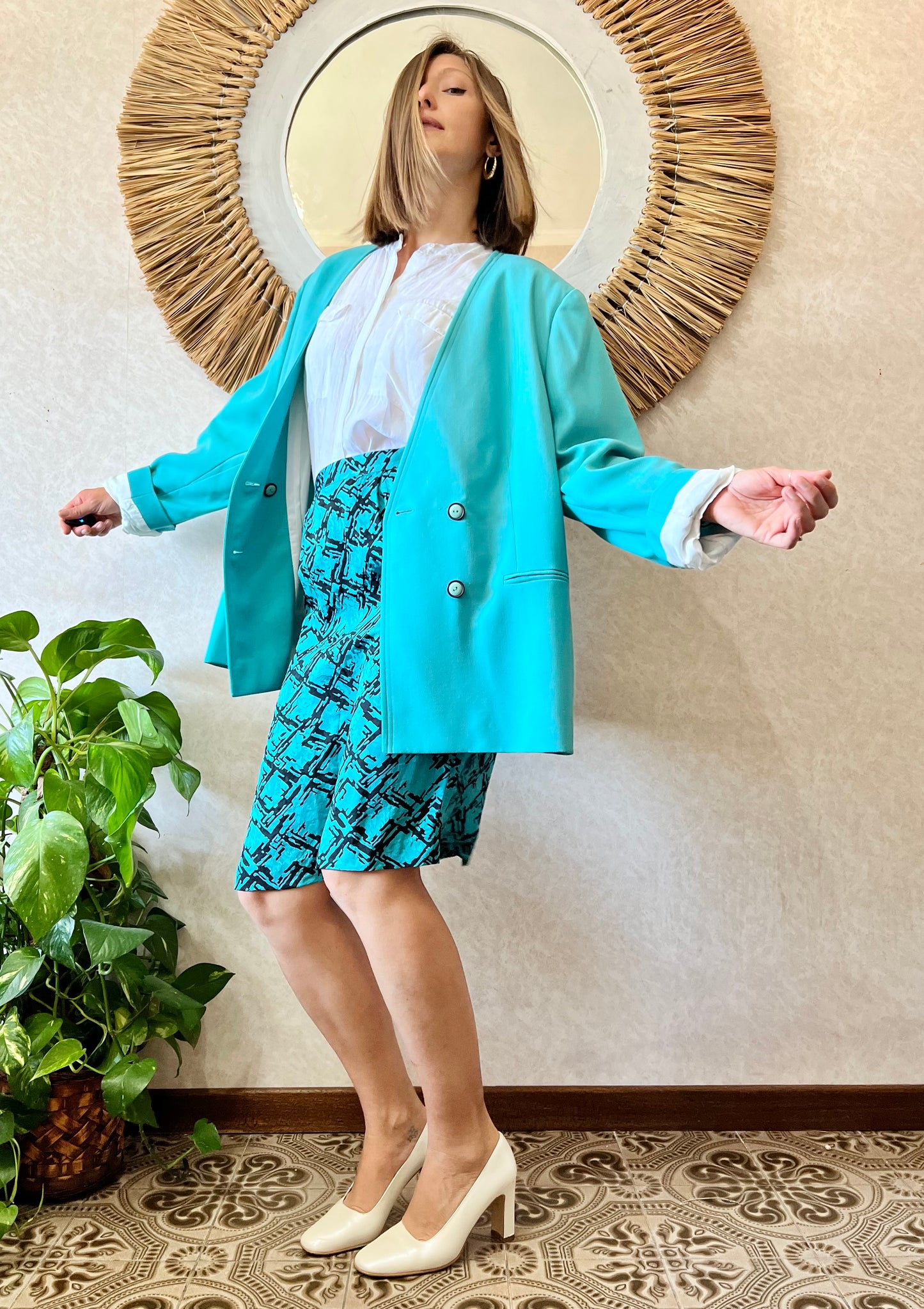 1980's vintage oversize turquoise wool blazer with black button detail