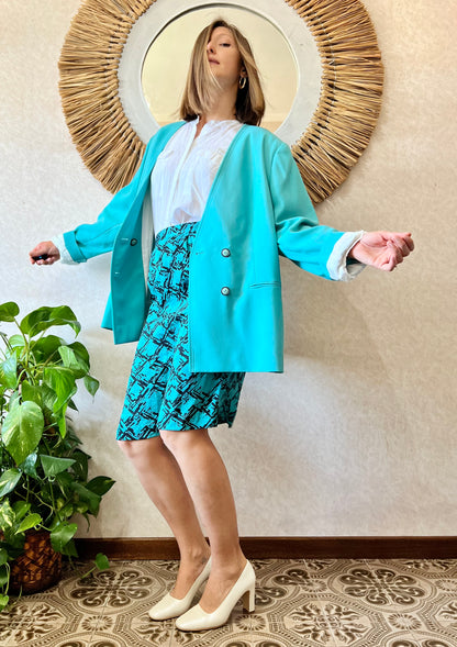 1980's vintage oversize turquoise wool blazer with black button detail