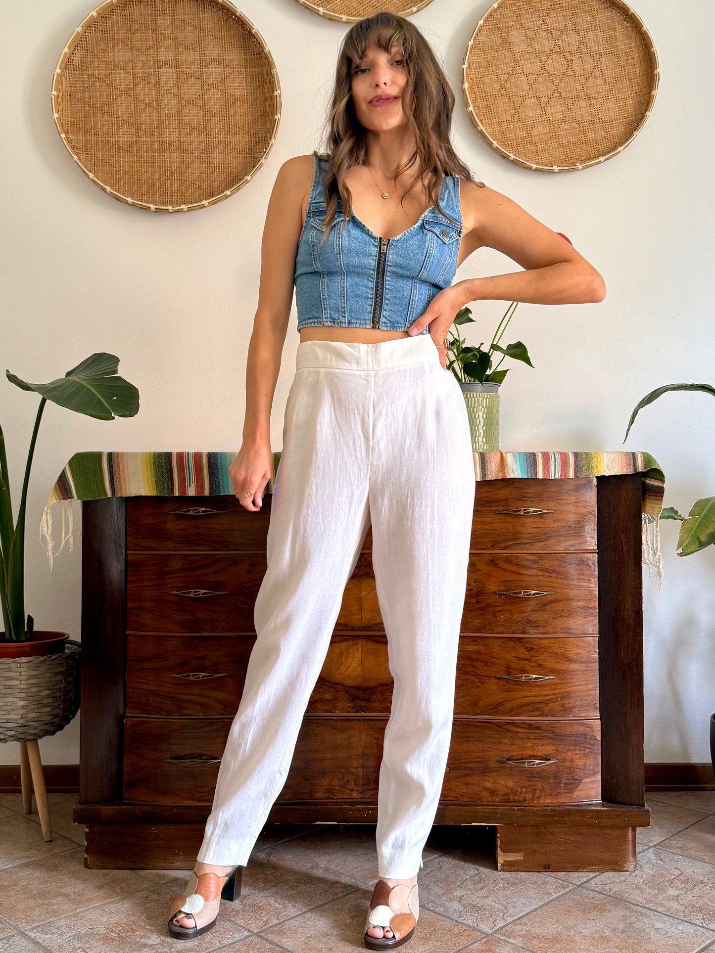 1990's vintage high waisted white linen trousers