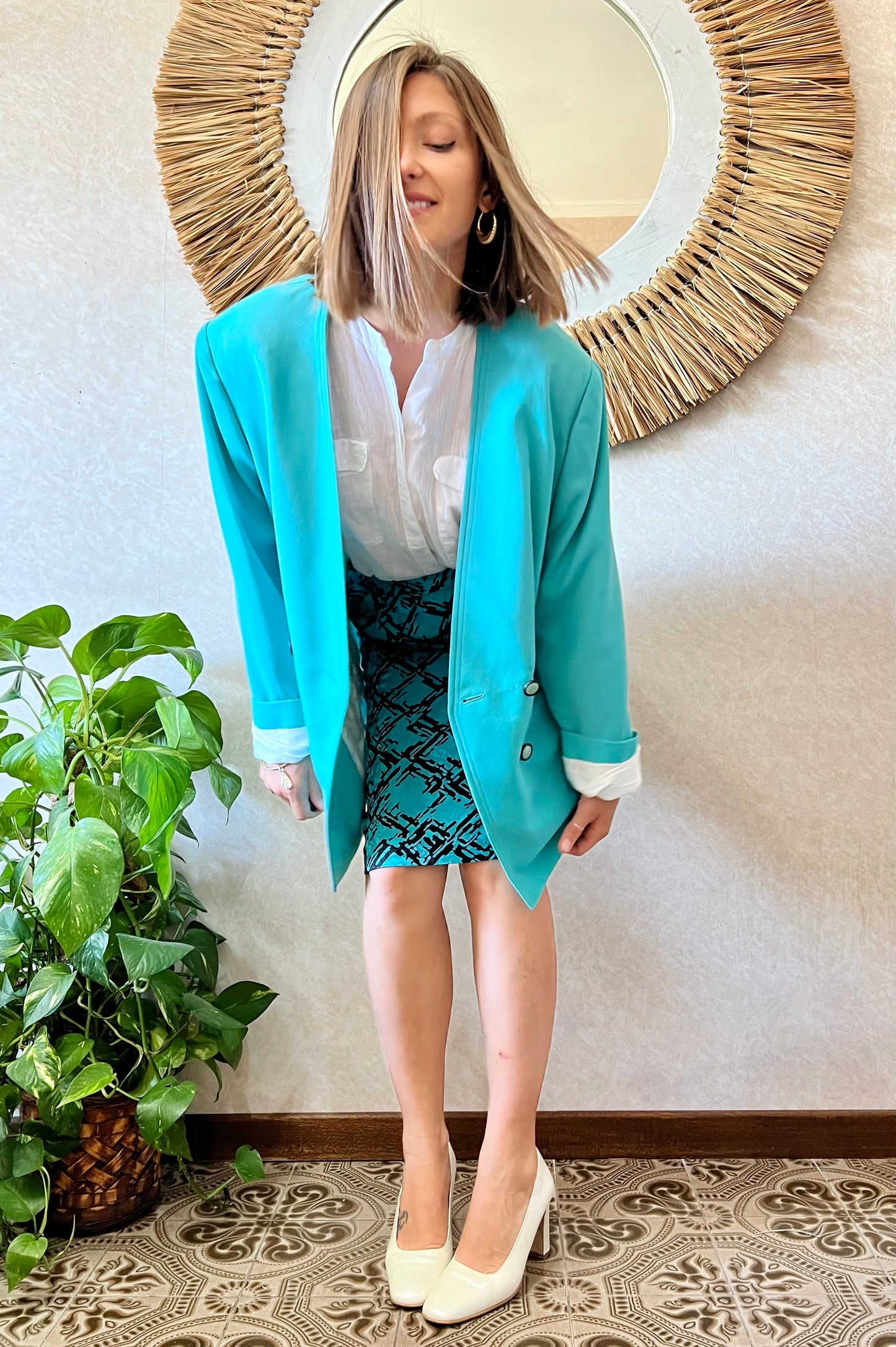 1980's vintage oversize turquoise wool blazer with black button detail