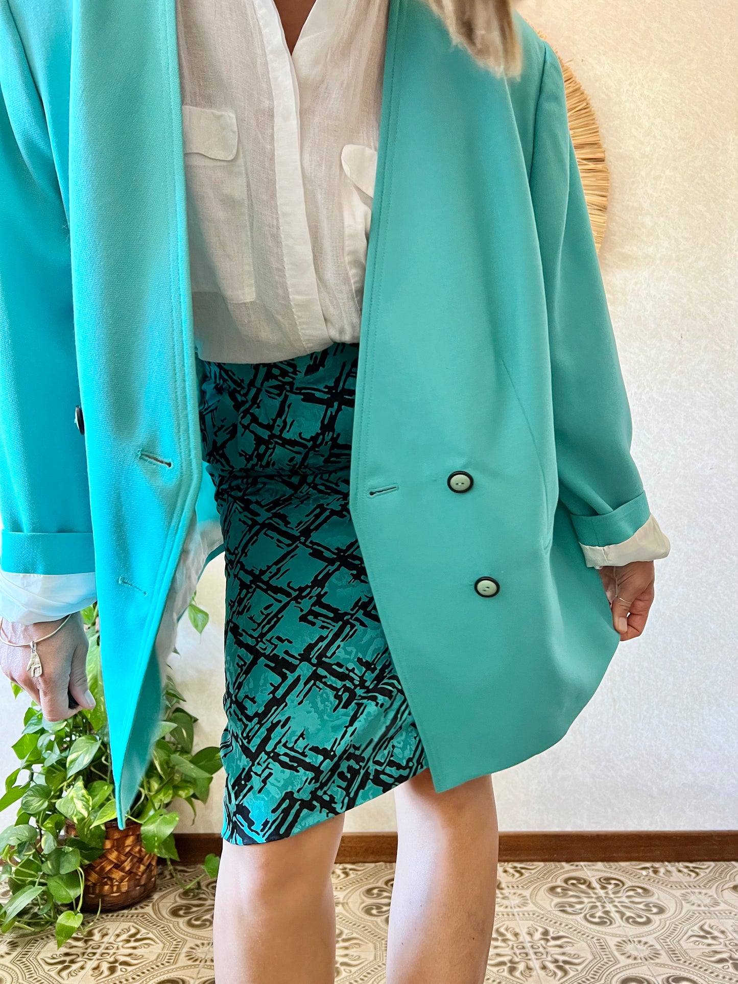 1980's vintage oversize turquoise wool blazer with black button detail