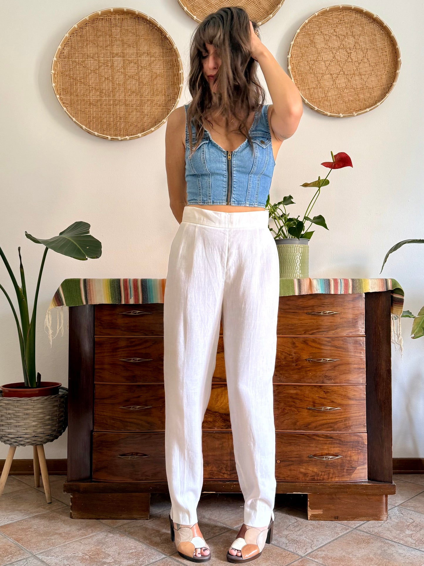 1990's vintage high waisted white linen trousers