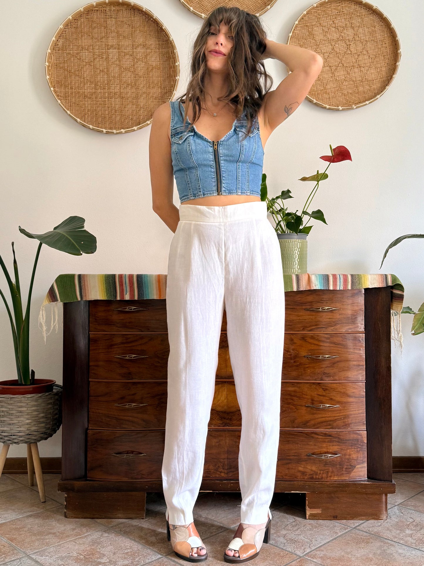 1990's vintage high waisted white linen trousers