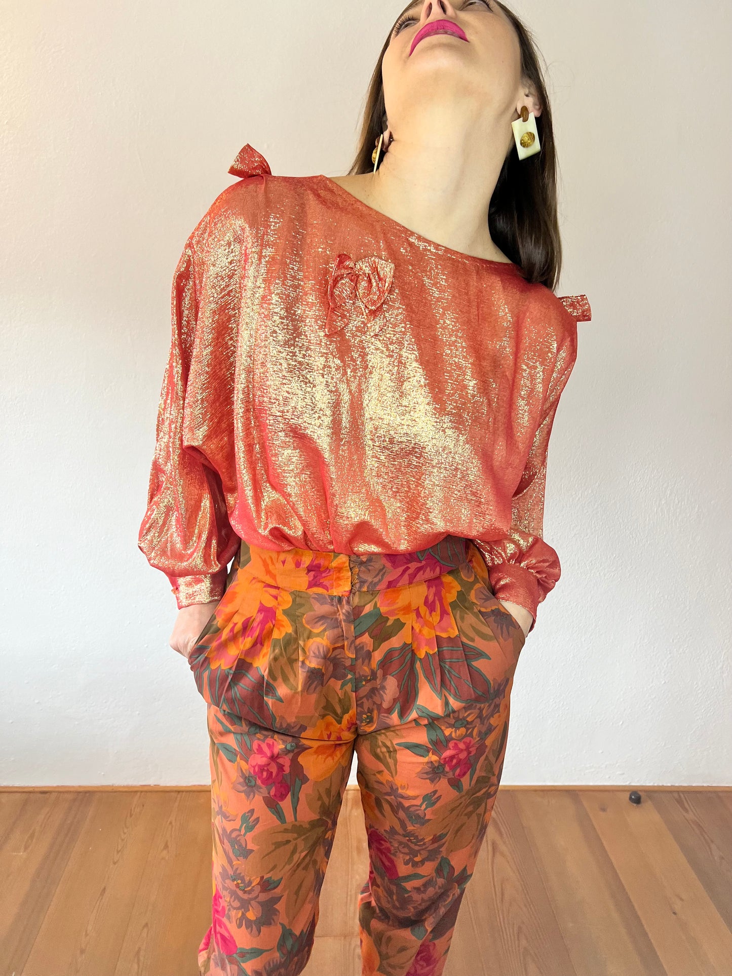 1970's vintage coral and cold metallic blouse with bow details