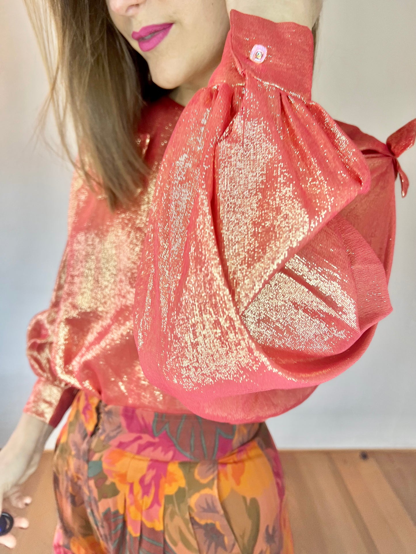 1970's vintage coral and cold metallic blouse with bow details