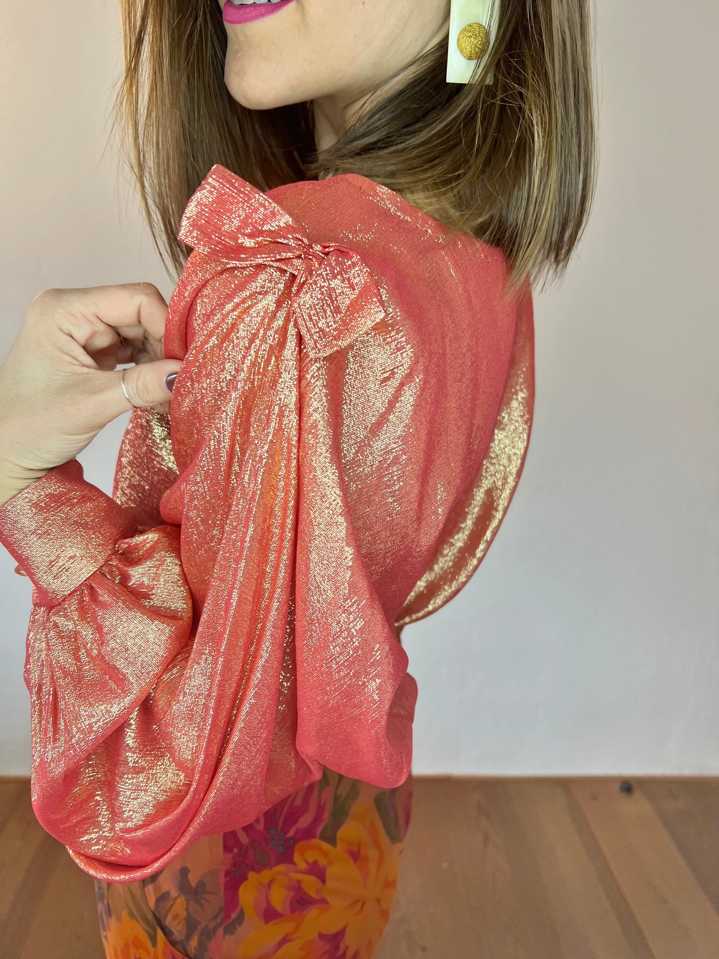 1970's vintage coral and cold metallic blouse with bow details