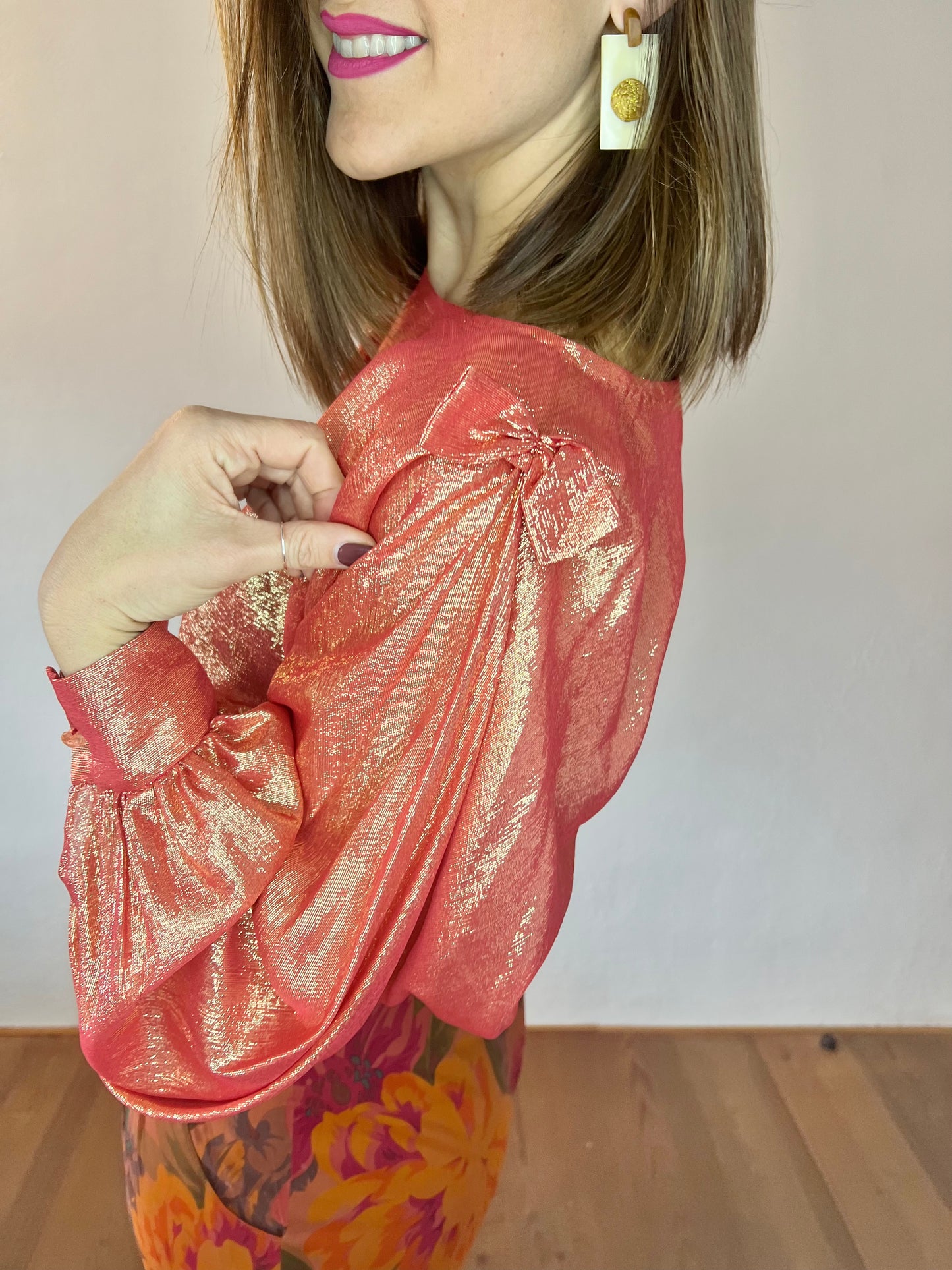 1970's vintage coral and cold metallic blouse with bow details