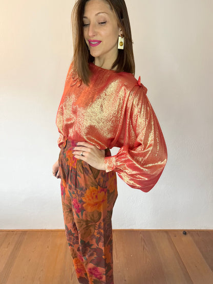 1970's vintage coral and cold metallic blouse with bow details