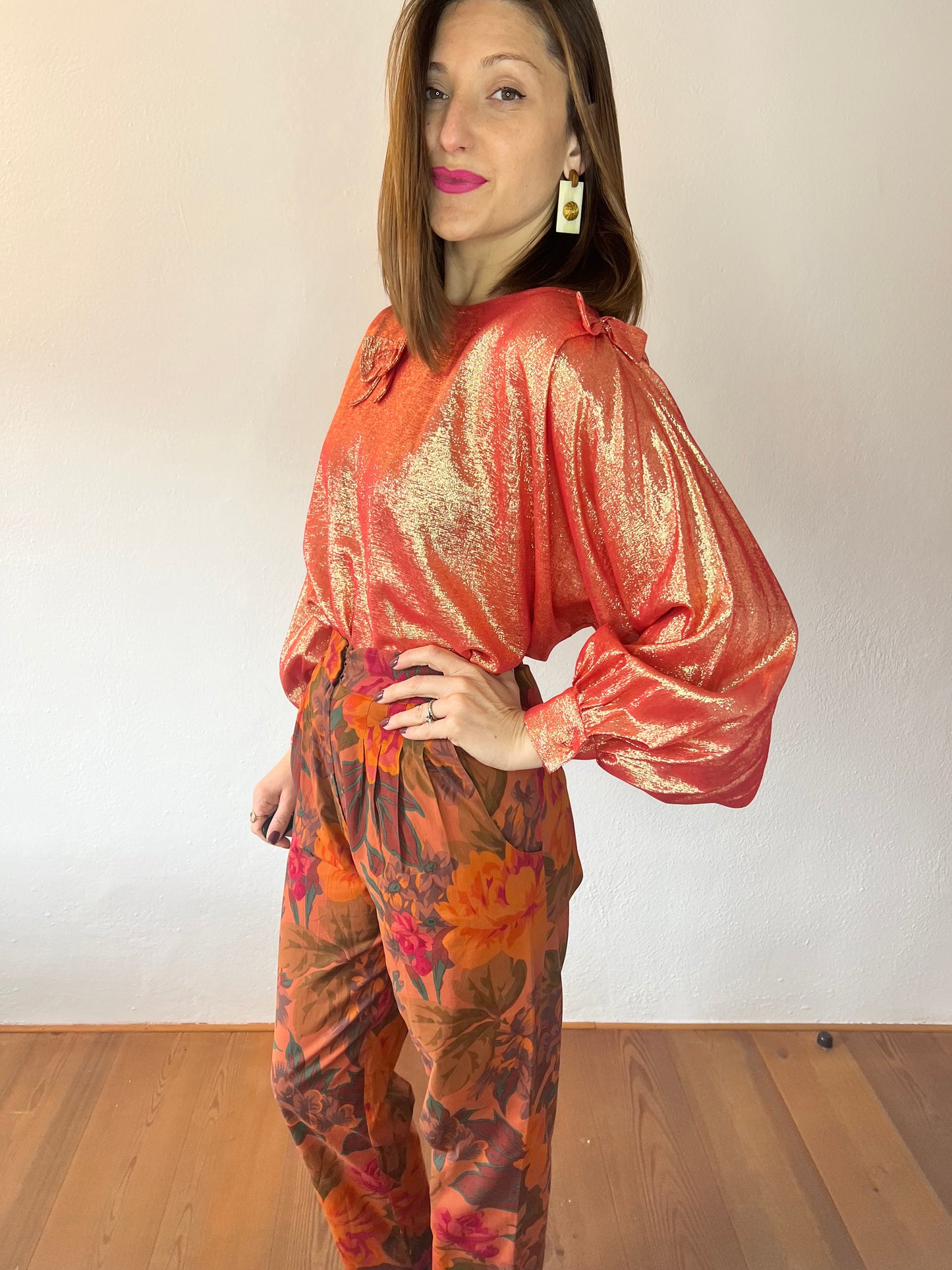 1970's vintage coral and cold metallic blouse with bow details