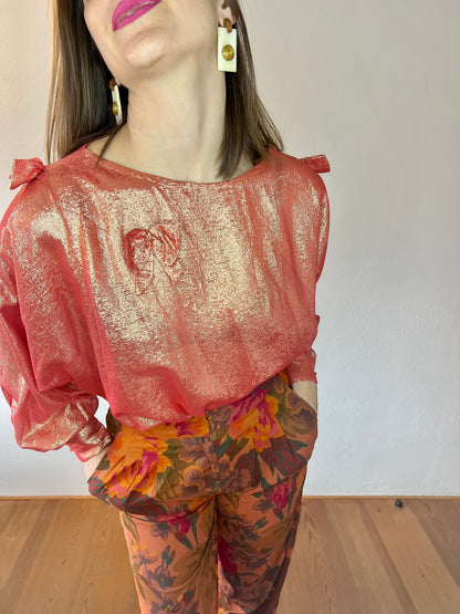 1970's vintage coral and cold metallic blouse with bow details