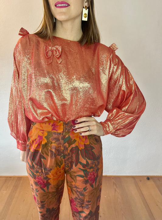 1970's vintage coral and cold metallic blouse with bow details