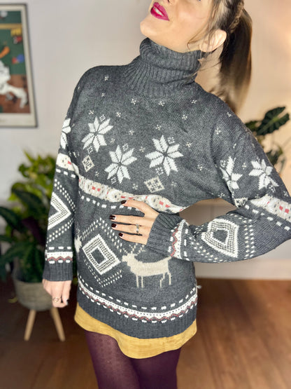 1970's vintage grey knit turtleneck with beige snowflake and reindeer design