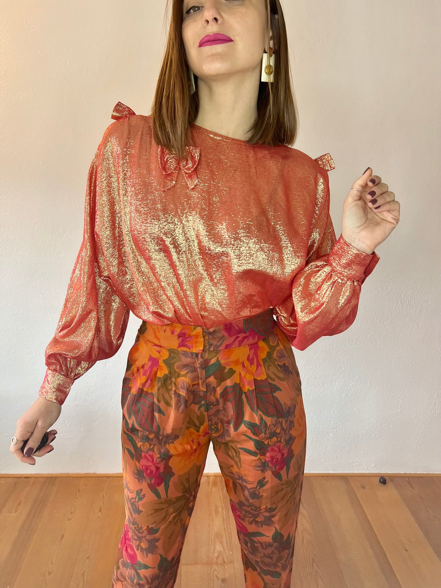 1970's vintage coral and cold metallic blouse with bow details