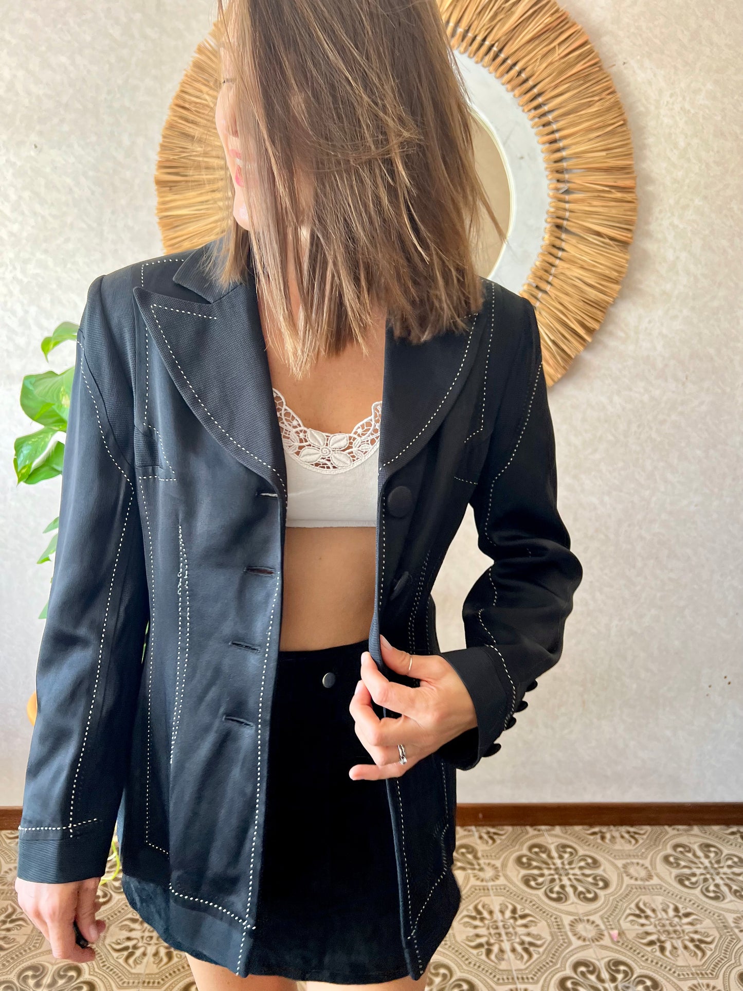 1990's vintage black blazer with white stitch detailing